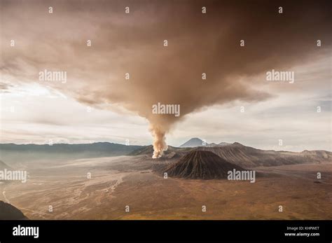 Eruption Of Mount Bromo Volcanic Ash Covering The Sky During The Last