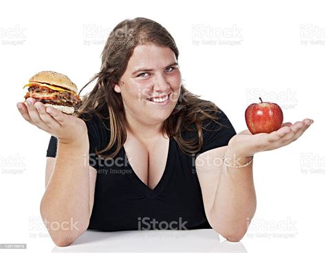 Happy Chubby Woman Indicates The Healthier Food Choice An Apple Stock