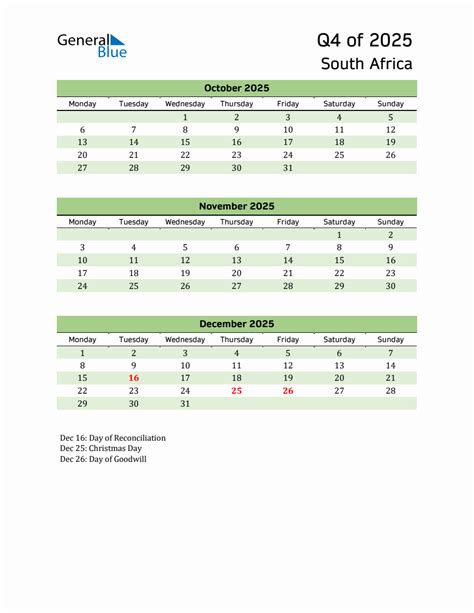 Quarterly Calendar 2025 With South Africa Holidays