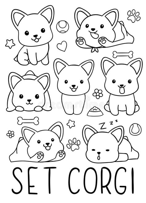 Coloring Pages Black And White Set Cute Kawaii Hand Drawn Corgi Dog