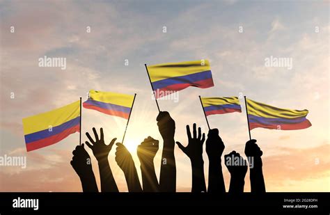 Silhouette Of Arms Raised Waving A Colombia Flag With Pride 3d