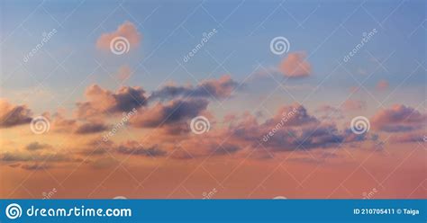 Panoramic View Of Sunset Sunrise Sundown Sky With Colorful Clouds Stock