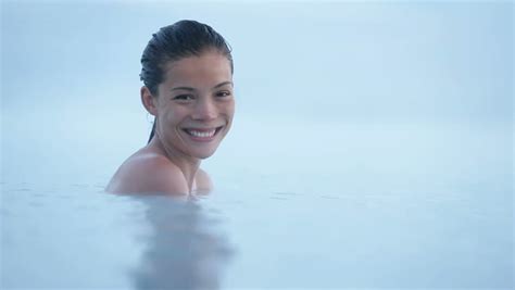 Geothermal Spa Woman Relaxing In Hot Spring Pool On