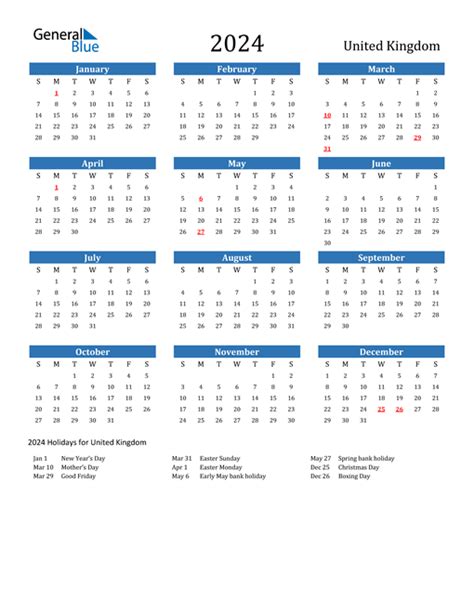2024 United Kingdom Calendar With Holidays