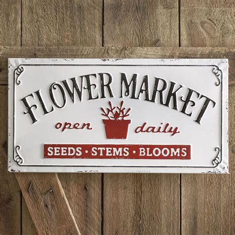 Vintage Embossed Metal Flower Market Sign Farmhouse Fresh Home