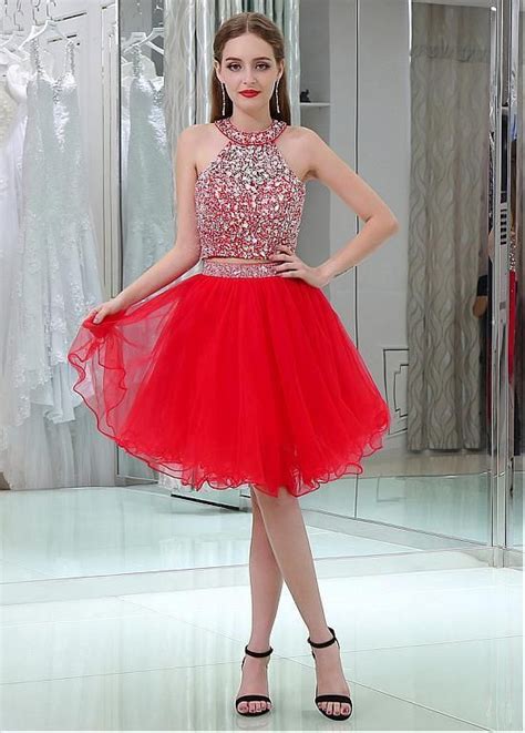 Sparkly Tulle Jewel Neckline A Line Two Piece Cocktail Dresses With