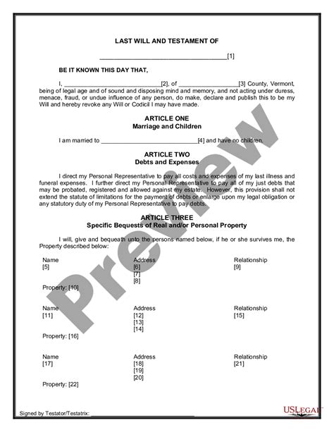 Vermont Legal Last Will And Testament Form For A Married Person With No