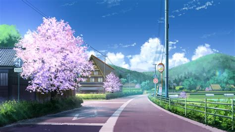 Download 3840x2160 Cherry Blossom, Anime Landscape, Scenic, Street, Sky