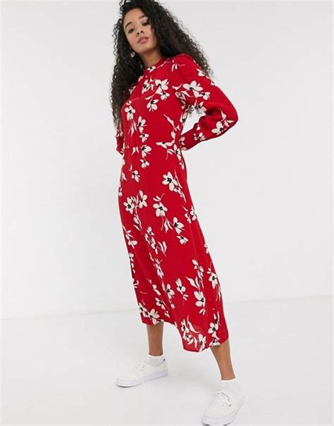 New Look Long Sleeved Floral Dress In Red Pattern Asos Long Sleeve