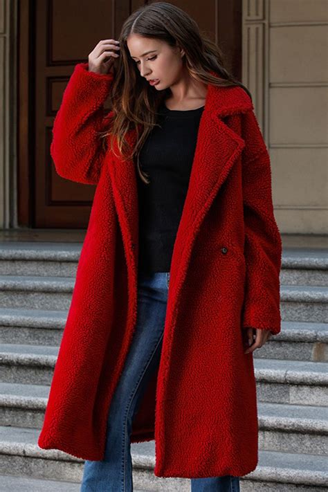 Women Red Chic Notched Collar Long Sleeve Teddy Long Coat Xl In 2020
