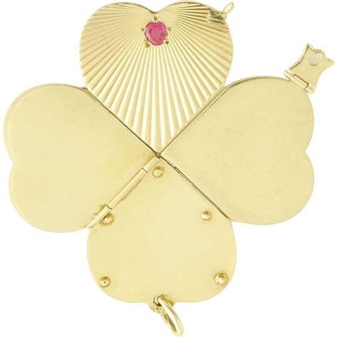 Retro 14k Gold Ruby Articulated Four Leaf Clover Heart Charm Solid