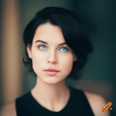 A Beautiful Woman With Brunette Short Hair Blue Eyes And Pale