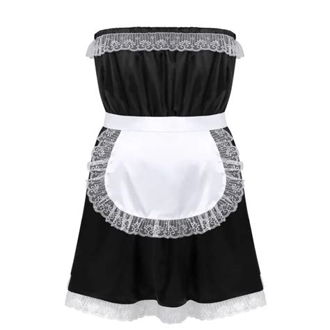 Men Sissy Maid Lingerie French Maid Satin Dress Sexy Costume Set Strapless Wide Lace Edge