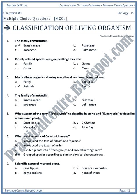 Classification Of Living Organism Mcqs Biology Ix Practical Centre