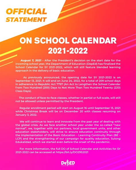 On School Calendar 2021 2022 Department Of Education