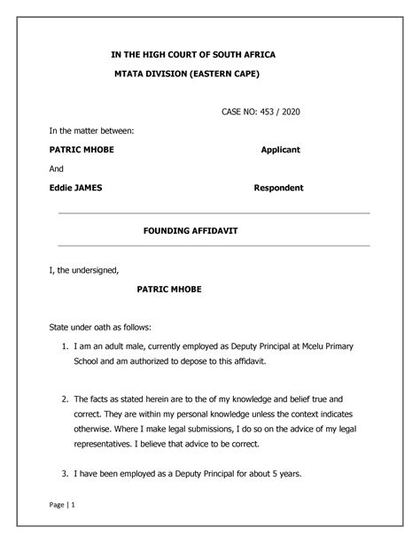 Founding Affidavit In The High Court Of South Africa Mtata Division