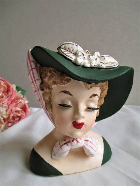 Vintage Napco Lady Head Vase Exquisite Green With Brimmed Hat Etsy Head Vase Lefton