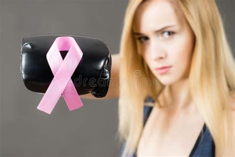 Woman Wearing Boxing Gloves Having Pink Ribbon Stock Photo Image Of