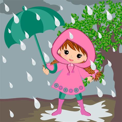 Cute Kids Girl On Rainy Day Stock Vector Illustration Of Cartoon