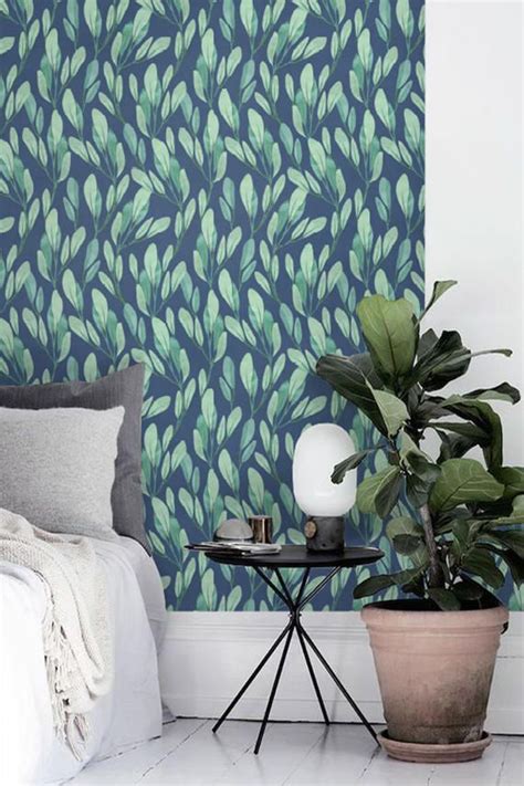 Watercolor Leaves Wallpaper Botanical Removable Wallpaper Blue