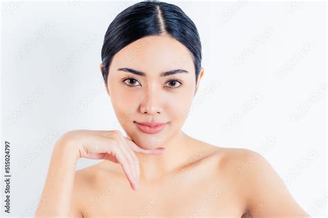 Beauty Asian Woman Touching Soft Chin Skin Close Up Face Beauty Healthy Skin Natural Make Up