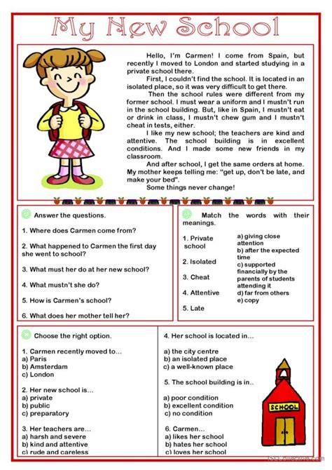 My New School Reading Comprehension English Esl Worksheets Pdf And Doc