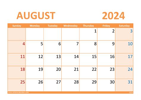 August 2024 Printable Calendar Page Monthly Calendar