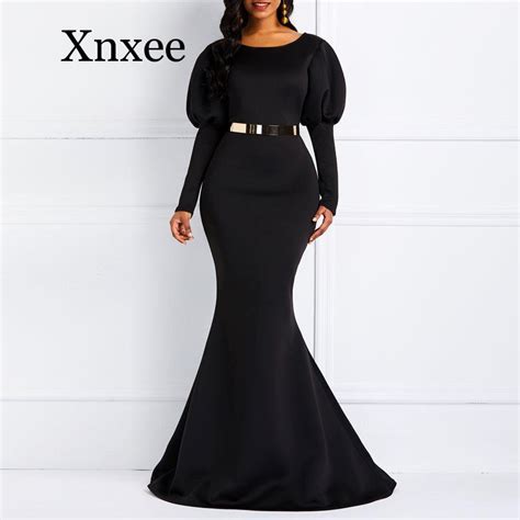 Women Party Maxi Dresses Sexy Blue Mermaid Cotton Long Sleeve Black Female African Fashion