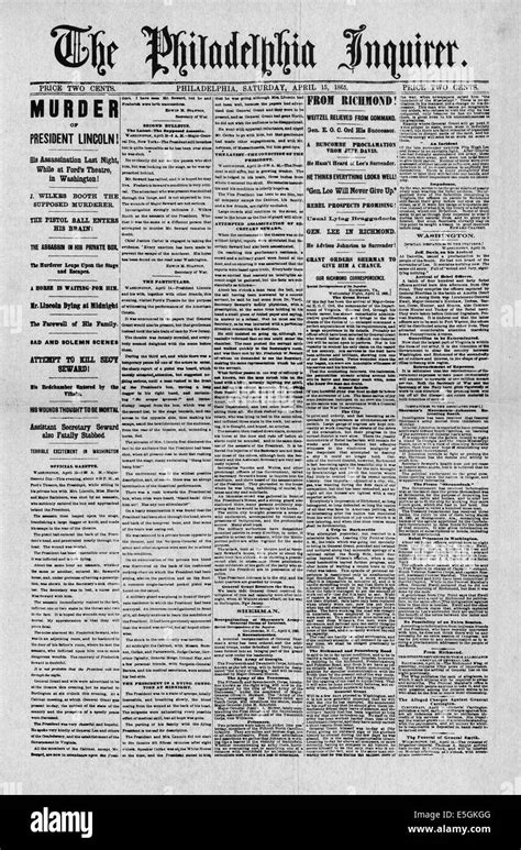 1865 Philadelphia Inquirer Front Page Reporting The Assassination Of