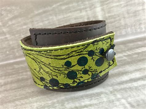 Leather Cuff Wrap Bracelet Twiggy Print Green Adjustable Etsy