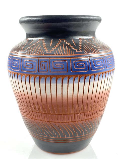 Lot Fs Navajo Hand Painted Etched Pottery Vase