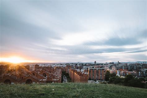 Madrid Cityscape At Sunset With Purple Clouds Stock Photo Image Of