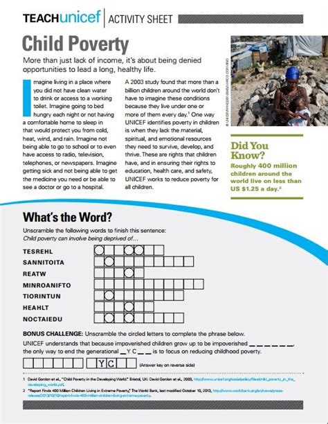 Activity Sheet To Teach About Child Poverty Poverty Children