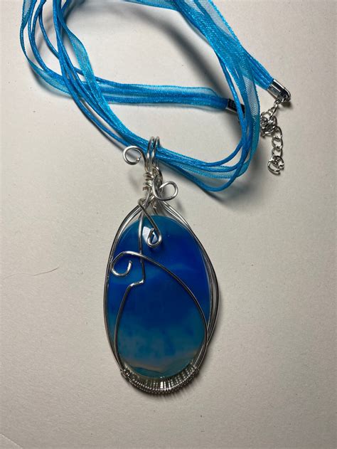 Blue Cabochon Wrapped Pendant Etsy