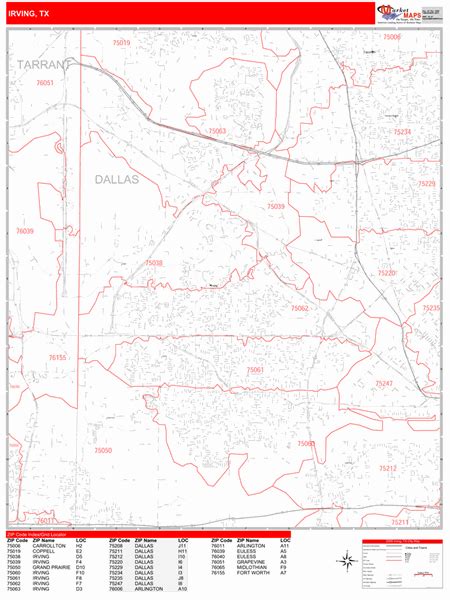 Irving Texas Zip Code Wall Map Red Line Style By Marketmaps