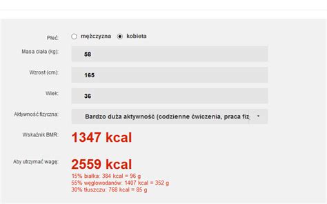 W kalkulatorze jest opcja w której trzeba podać: Fitness z Magdą