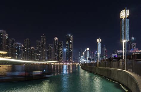 Cityscape And Waterfront Skyline At Night Dubai United Arab Emirates