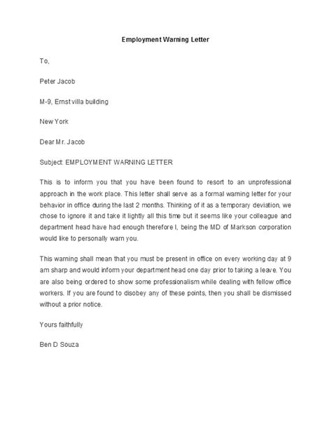 Keep a sample employee warning letter for the worker on file, as this can help the employer against any lawsuits, should the employee try to sue or the labor law defines the minimum standards for employment. 7+ Sample Warning Letters to Employee for disrespectful ...