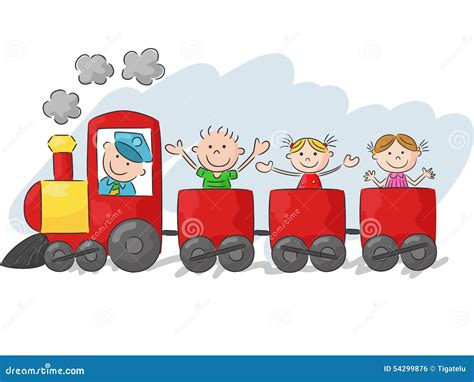 Happy Little Kids Cartoon On A Colorful Train Stock Vector Image