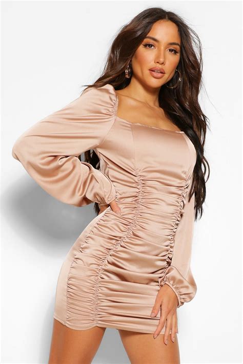 Satin Ruched Puff Sleeve Mini Dress Boohoo In 2021 Mini Dress With