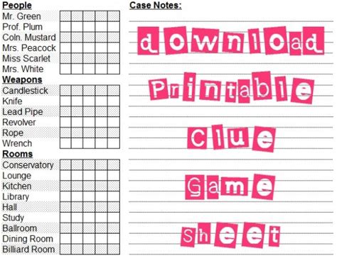When students enter class, the teacher assigns students into groups of four. printable clue game sheets | Scrapbooking and Paper Stuff ...