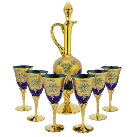 Murano Glass Decanters Murano Glass Decanter Set With Six Wine Glasses 24k Gold Leaf Blue