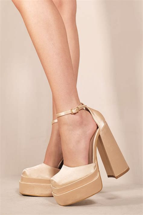 Cassidy Statement Platform Block Heel Court Pump With Square Toe In Champagne Silk Where S That