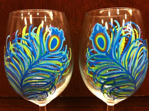 Hand Painted Peacock Feather Wine Glasses Set Of 2 Etsy
