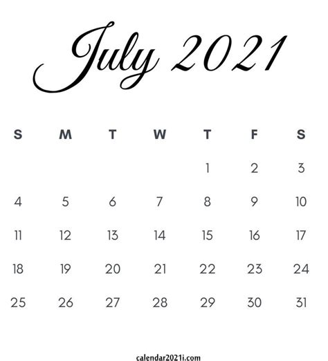 July 2021 Calendar Printable Printable Calendar July Monthly