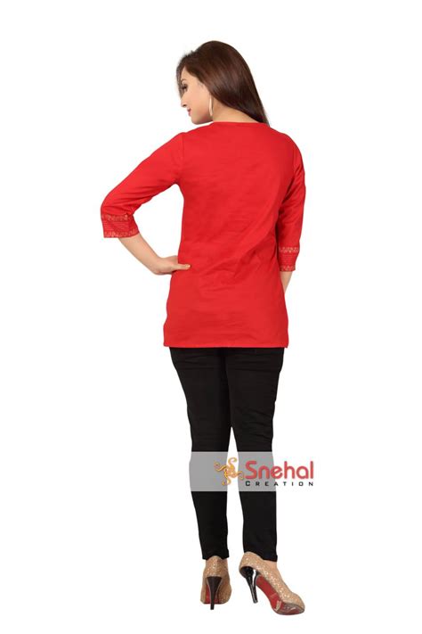 Wed Me Red Short Cotton Designer Short Tunic Top For Women