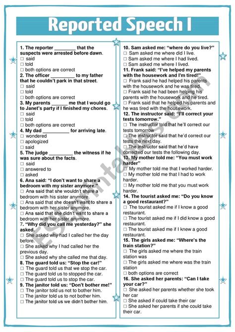 Reported Speech Multiple Choice Esl Worksheet By Nuria