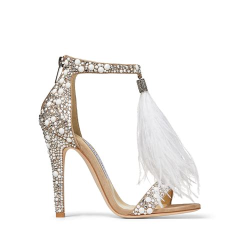 jimmy choo viola 110 white suede and hot fix crystal embellished sandals with an ostrich feather