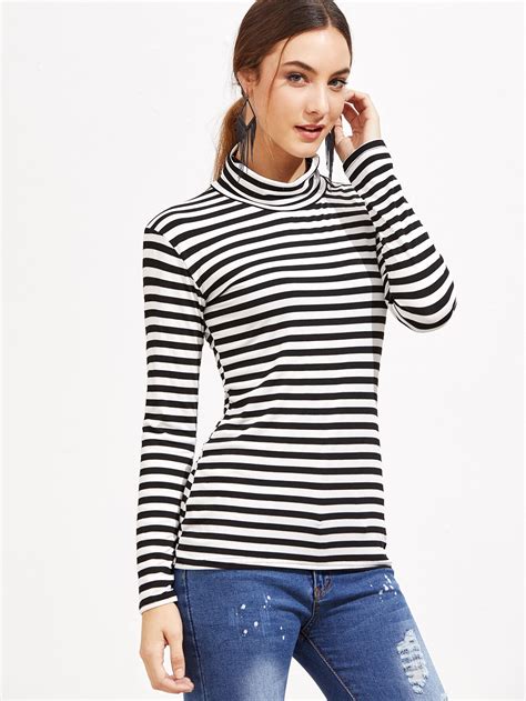 Black And White Striped High Neck T Shirt Emmacloth Women Fast Fashion