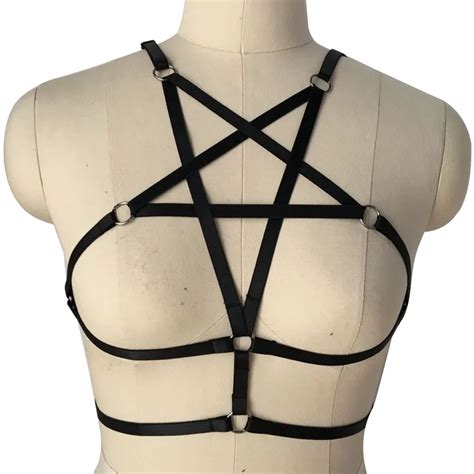 Body Cage Womens Sexy Pentagram Body Harness Lingerie Cage Bralette Black Elastic Adjust Strappy